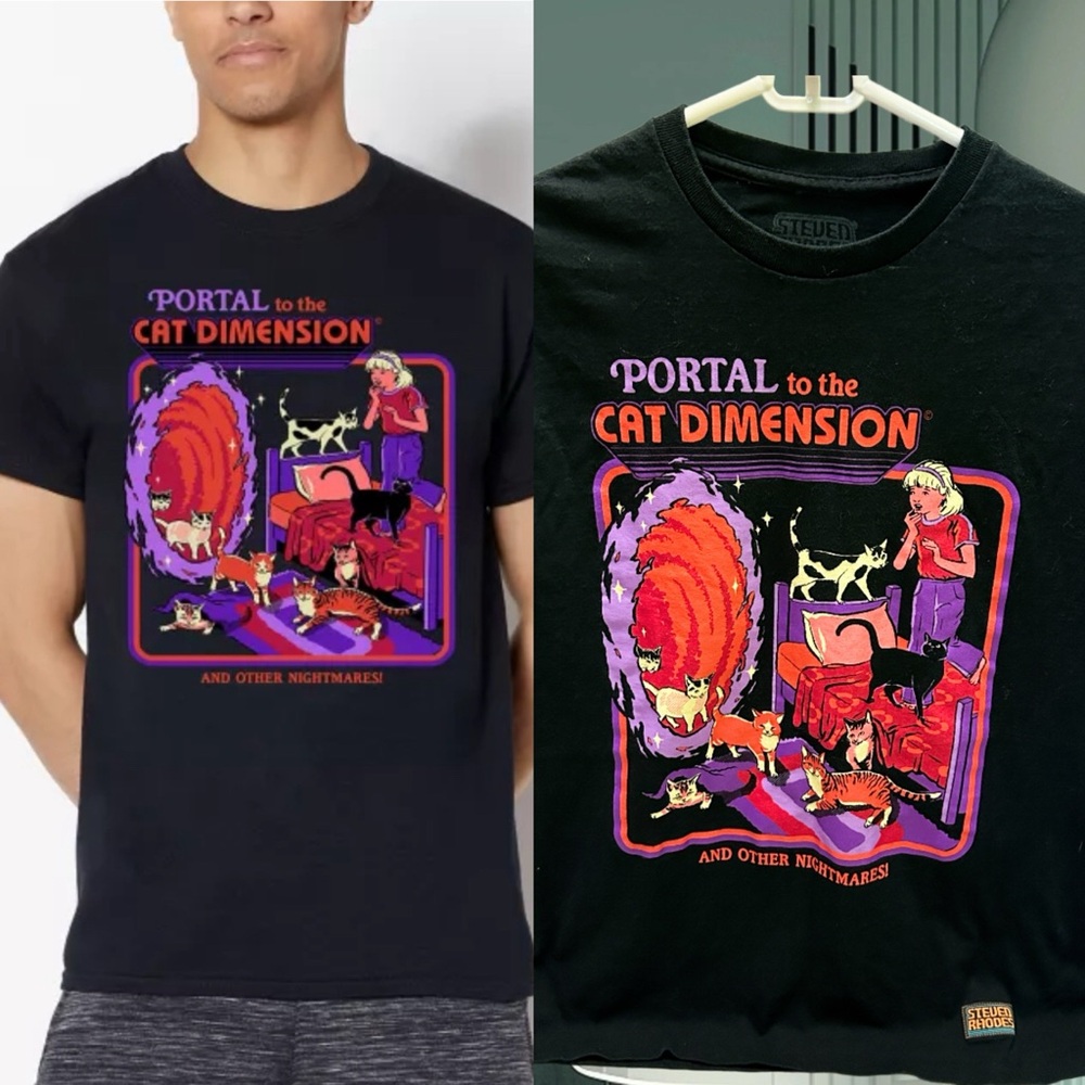 STEVEN RHODES Black 'Portal to the Cat Dimension' Graphic T-Shirt M